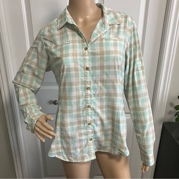 Gander Mountain | Blue, white & tan hiking blouse - Picture 1 of 10